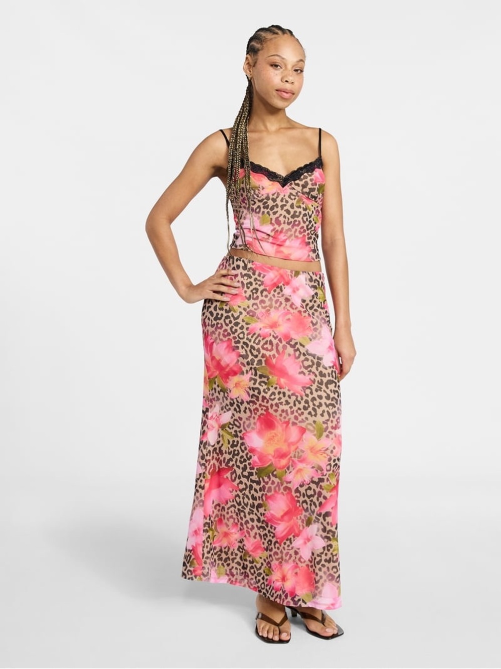 2 piece Pink Floral Leopard Maxi Slip Dress with Lace Trim